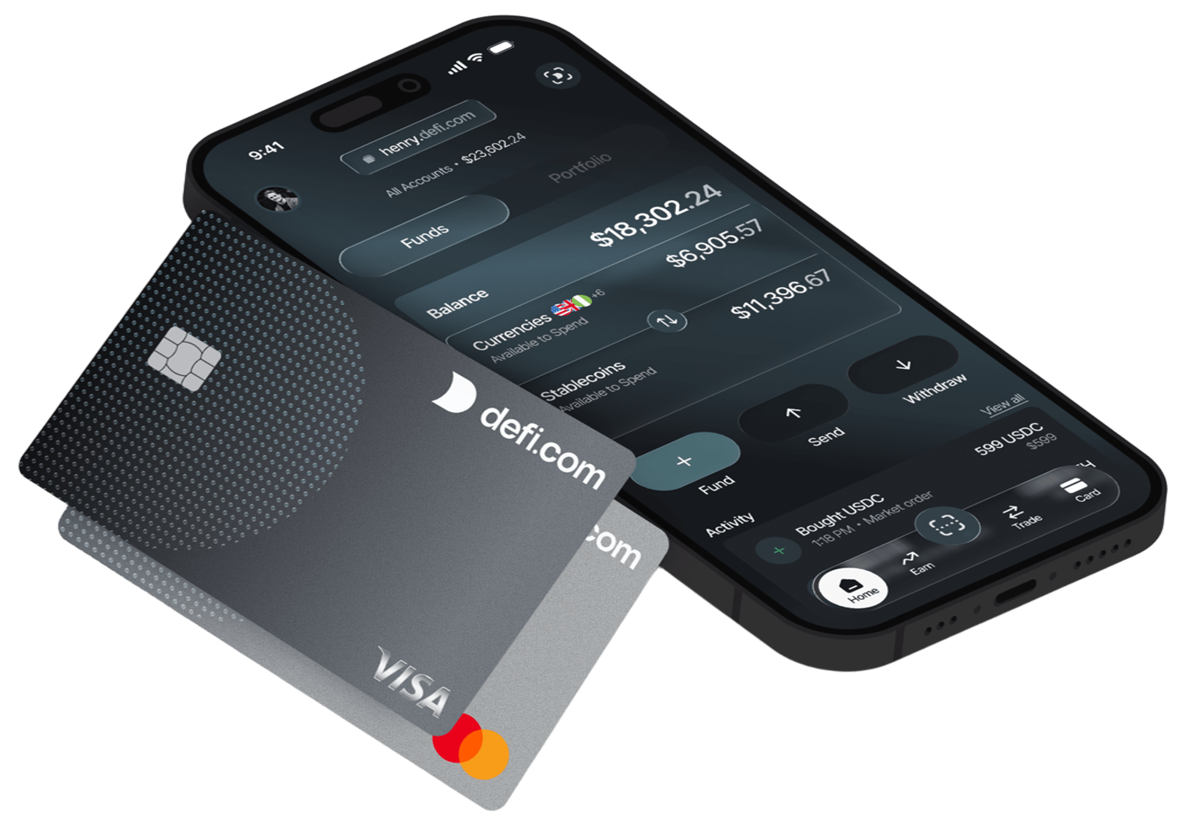 A defi.com Visa card over a phone displaying the accounts dashboard
